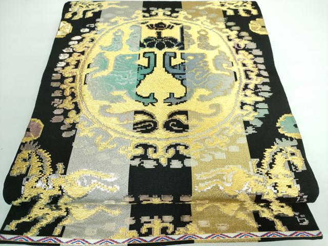 平和屋本店■最高級　龍村平蔵製　六通柄　本袋帯　円文白虎錦　黒地　金銀糸　逸品　DZAA5827kh5