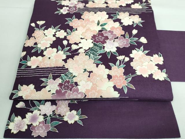 平和屋本店■極上　九寸名古屋帯　紬地　枝桜　金彩　濃い桑の実色地　逸品　DZAA5836kh5