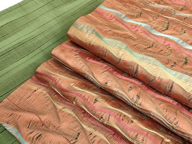 平和屋本店■極上　本場筑前博多織　草木染　手織工房　染匠：小森久　両面　全通柄袋帯　霞文　間道　金糸　逸品　未使用　DZAA5874kh5