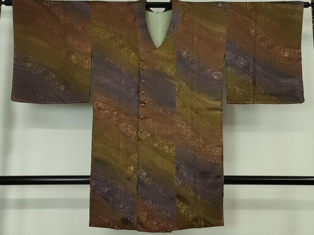 平和屋本店□極上 道中着 ロング丈 お召地 唐草地紋 黄唐茶色