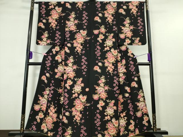 平和屋本店■極上　小紋　草花文　黒地　逸品　未使用　DZAA5967kh5