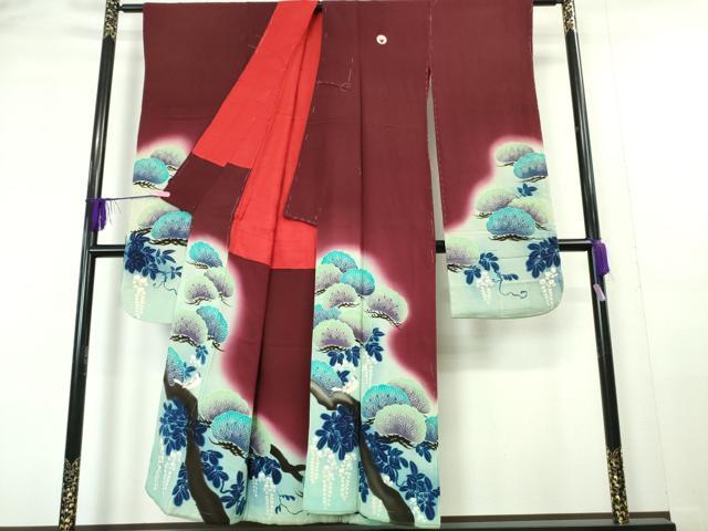 平和屋本店□極上 アンティーク 大正ロマン 振袖 刺繍 手描き 松藤に