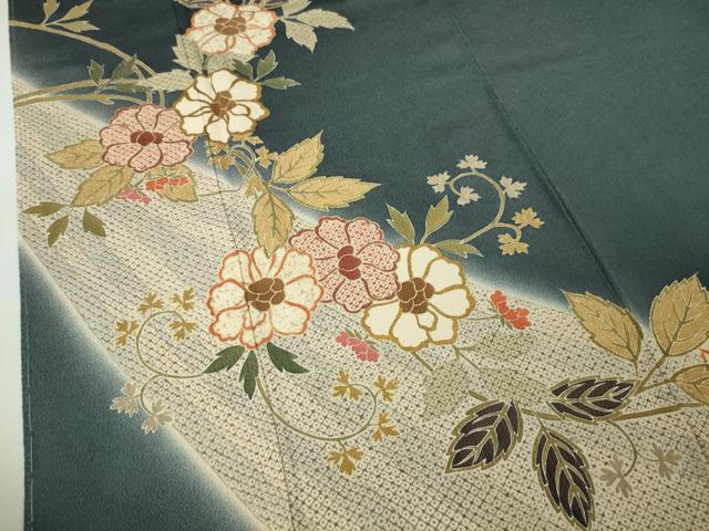 平和屋着物○豪華振袖 型染め 風景草花文 暈し染め 鬼しぼ