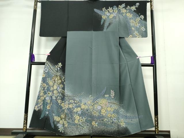 青いたたき染め正絹バルーン袖ロングワンピース Happy ファッション 青いたたき染め正絹バルーン袖ロングワンピース
