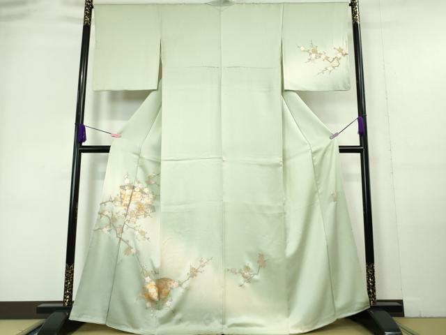 平和屋本店■極上 金彩友禅 卓越技能者・名工・和田光正 訪問着 光映箔染 地紙枝梅文 白緑色地 暈し染め 金銀彩 反端付き 逸品 DZAA6013kh5