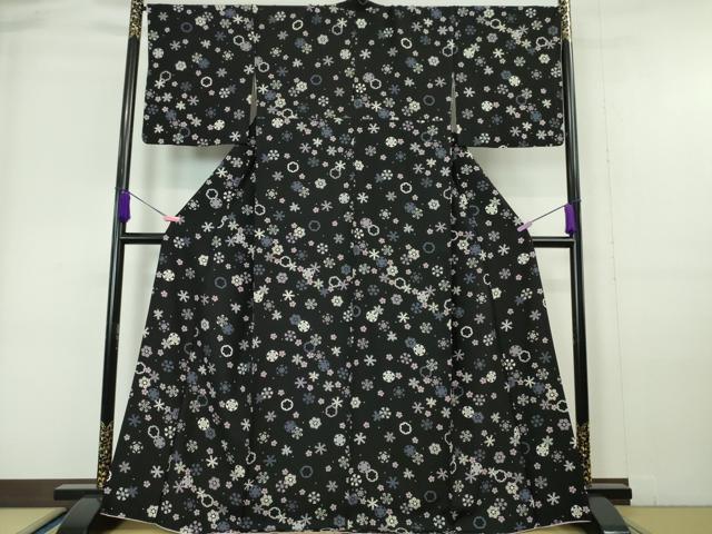 小紋　花模様　たたき染　松坂屋　お洒落　着物　022k 季節の移ろい＊桜 牡丹 菊 扇子 宝尽くし 袷 リサイクル小紋着物