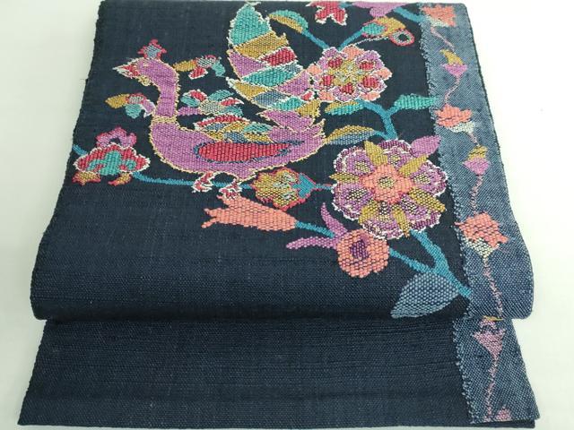 平和屋本店■極上　八寸名古屋帯　紬地　帝王紫　花鳥文　逸品　DZAA6054kh5