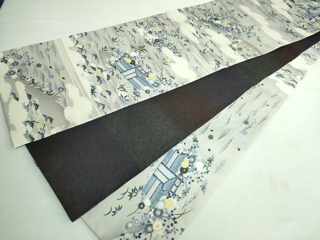 平和屋本店□極上 全通柄袋帯 藍 風景花文 逸品 DZAA6152kh5 袋帯