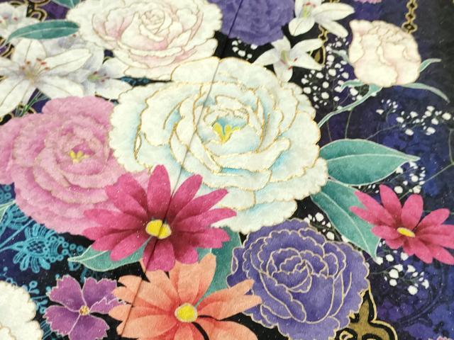 平和屋本店■極上　振袖　駒刺繍　シャンデリア　草花　黒地　暈し染め　金彩　銀通し地　逸品　DZAA6187kh5 平和屋本店□極上 振袖 駒刺繍 シャンデリア 草花 黒地 暈し染め 金彩 銀