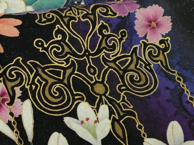 平和屋本店□極上 振袖 駒刺繍 シャンデリア 草花 黒地 暈し染め 金彩 銀