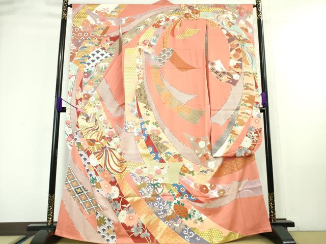 平和屋本店□極上 振袖 総絞り 駒刺繍 束ね熨斗花文 黒地 金糸