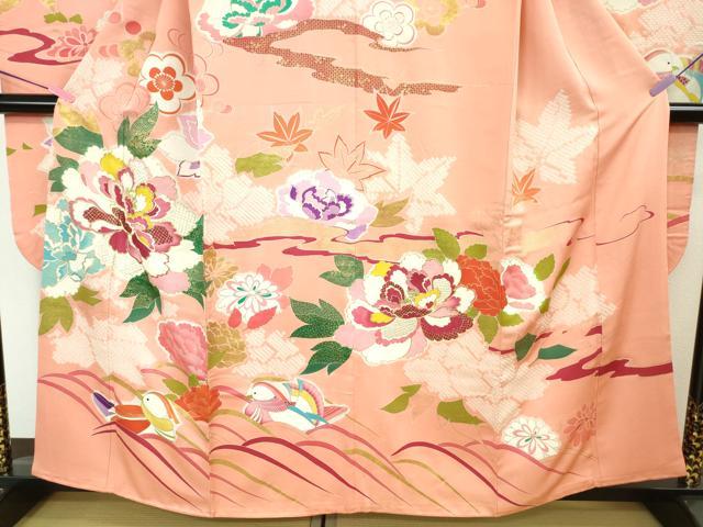 平和屋本店■極上　創業460年・千總　振袖・長襦袢(袷)セット　駒刺繍　絞り　鴛鴦花文　一斤染色地　金彩　逸品　DZAA6246kh5