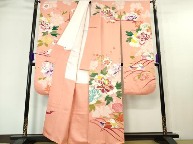 平和屋本店■極上　創業460年・千總　振袖・長襦袢(袷)セット　駒刺繍　絞り　鴛鴦花文　一斤染色地　金彩　逸品　DZAA6246kh5
