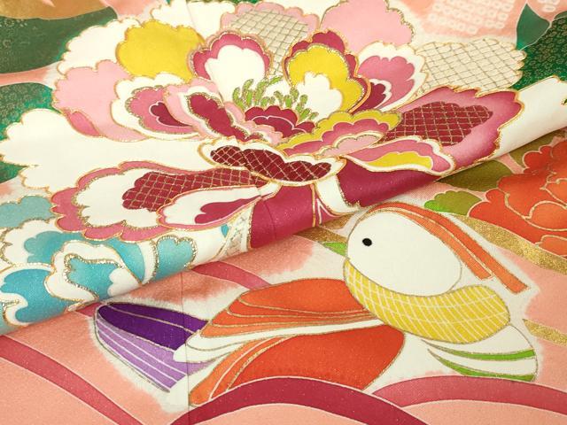 平和屋本店■極上　創業460年・千總　振袖・長襦袢(袷)セット　駒刺繍　絞り　鴛鴦花文　一斤染色地　金彩　逸品　DZAA6246kh5