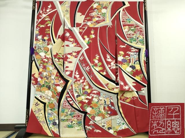 平和屋本店■極上　創業460年・千總　振袖　駒刺繍　鴛鴦御所車吉祥花文　緋色地　金彩　大丸扱い　逸品　DZAA6249kh5
