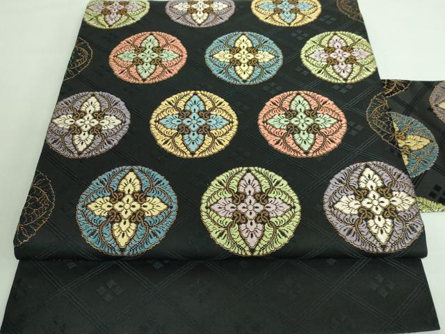 平和屋本店■極上　九寸名古屋帯　唐織　花菱丸文　黒地　金糸　逸品　DZAA6274kh5