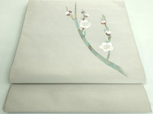 平和屋本店■極上　西陣　川島織物　爪掻き本綴れ　八寸名古屋帯　枝梅　絹鼠色地　金糸　逸品　DZAA6279kh5