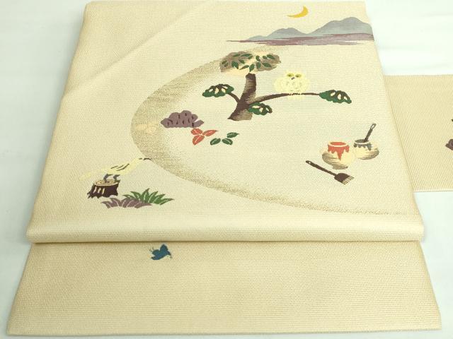 平和屋本店■極上　九寸名古屋帯　フクロウ　蒸栗色地　逸品　DZAA6294kh5