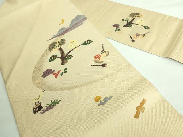 平和屋本店■極上　九寸名古屋帯　フクロウ　蒸栗色地　逸品　DZAA6294kh5