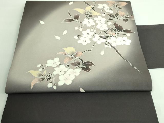 平和屋本店■極上　本加賀友禅作家　鬼島武司　塩瀬　九寸名古屋帯　濃い消炭色地　枝桜　逸品　DZAA6301kh5