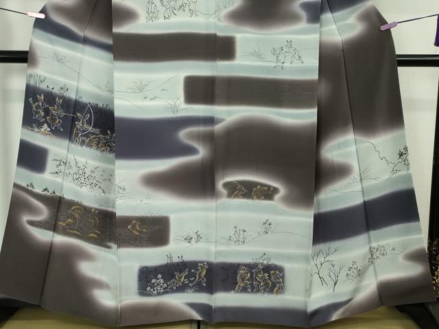 平和屋本店□極上 訪問着 紬地 手描き 鳥獣戯画 暈し染め 金彩