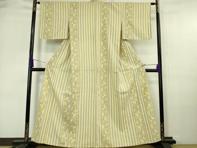 平和屋本店□極上 本場結城紬 重要無形文化財 単衣 100亀甲 縞 女郎花