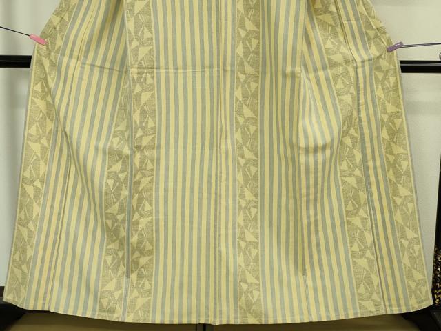 平和屋本店□極上 本場結城紬 重要無形文化財 単衣 100亀甲 縞 女郎花