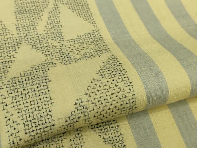 平和屋本店■極上　本場結城紬　重要無形文化財　単衣　100亀甲　縞　女郎花色地　逸品　DZAA6376kh5 平和屋本店□極上 本場結城紬 重要無形文化財 単衣 100亀甲 縞 女郎花