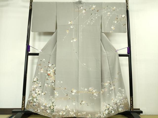 平和屋本店■極上　訪問着　友禅　駒刺繍　雪輪草花文　薄鈍色地　暈し染め　金銀彩　逸品　DZAA6381kh5