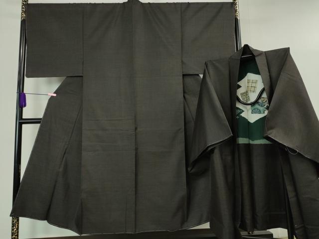 平和屋本店■極上　男性　お召　アンサンブル　長羽織　亀甲柄　黒紅色地　逸品　未使用　DZAA6406kh5