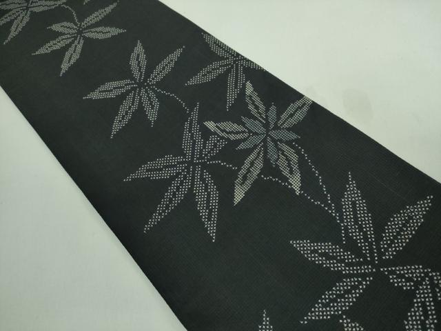 平和屋本店□極上 創作 両面 半幅帯 鳥獣戯画 大島紬地・枝葉文 黒地