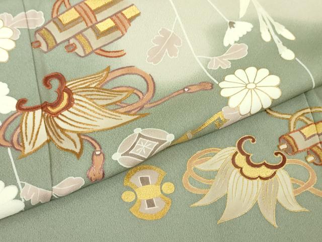 平和屋本店□極上 訪問着 刺繍 宝尽くし 桜鼠色地 金彩 三越扱い