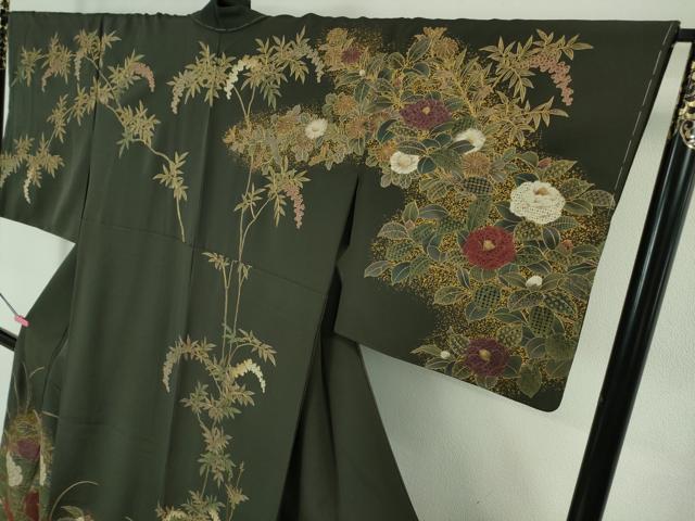 高級 訪問着 正絹 袷 汕頭刺繍 蘇州刺繍 相良刺繍 中国刺繍 マスタード 高級 訪問着 正絹 袷 汕頭刺繍 蘇州刺繍 相良刺繍 中国刺繍 マスタード