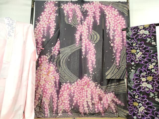 平和屋本店■極上 振袖・長襦袢(無双仕立て・半衿刺繍)・袋帯 3点セット　駒刺繍　枝垂れ桜　暈し染め　金彩　銀通し地　逸品　DZAA6608kh5