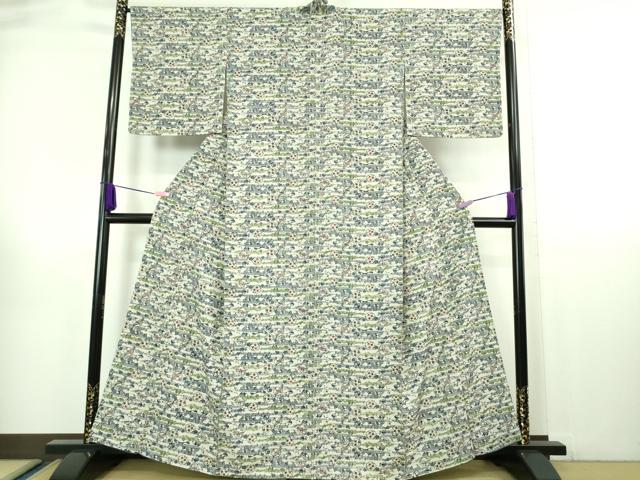 平和屋本店■最高級　城間栄順　本場琉球紅型　小紋　花鳥風景　絹鼠色地　参考資料付き　逸品　DZAA6671kh5