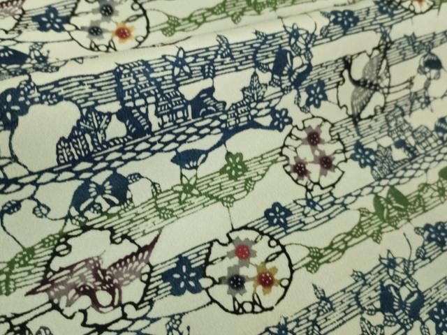 平和屋本店□最高級 城間栄順 本場琉球紅型 小紋 花鳥風景 絹鼠色地