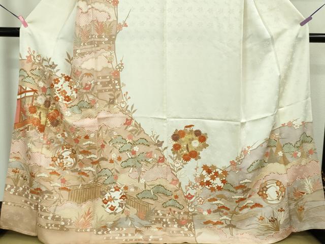 平和屋本店■極上　訪問着　単衣　駒刺繍　風景吉祥花文　象牙色地　金彩　ますいわ屋扱い　逸品　DZAA6676kh5 平和屋本店□極上 訪問着 単衣 駒刺繍 風景吉祥花文 象牙