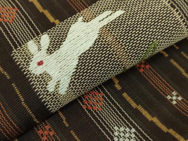 平和屋着物■極上　夏物　八寸名古屋帯　刺繍　紬地　兎　逸品　DZAA6730kh5 平和屋着物□極上 夏物 八寸名古屋帯 刺繍 紬地 兎 逸品 DZAA6730kh5の