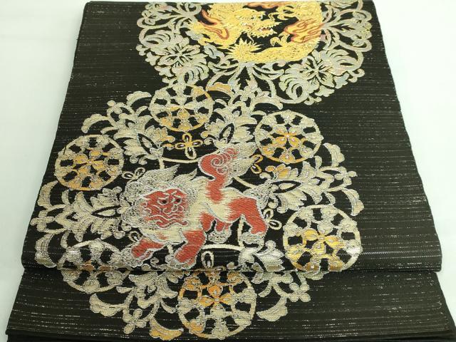 平和屋着物■極上　六通柄　本袋帯　唐獅子　龍　黒地　金銀糸　逸品　DZAA6742kh5