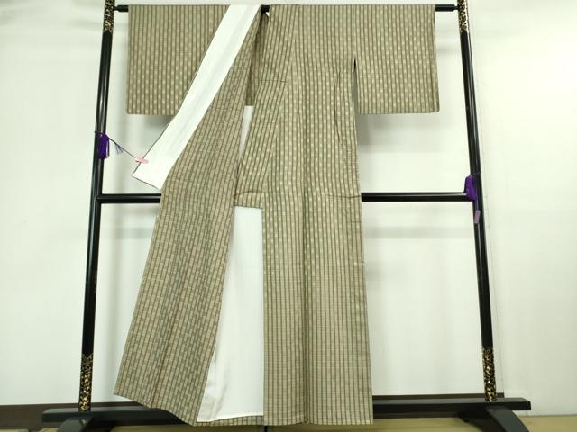 平和屋着物▽上質な紬　単衣　伝統工芸士　木村竜之　花織　花石摺織　格子　反端付き　ロング丈　正絹　逸品　AABF5283jh 平和屋着物▽極上 花石摺織 紬 単衣 伝統工芸士 木村竜之 天光本舗謹製