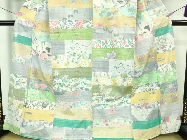 平和屋本店□極上 小千谷紬 百柄 花蝶 横段文 逸品 DZAA6901kh5