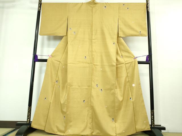 平和屋着物■極上　十日町 名門青柳謹製　赤城紬　草木染　訪問着　絞り　童子　芥子色地　逸品　DZAA6909kh5 平和屋着物□極上 十日町 名門青柳謹製 赤城紬 草木染 訪問着 絞り