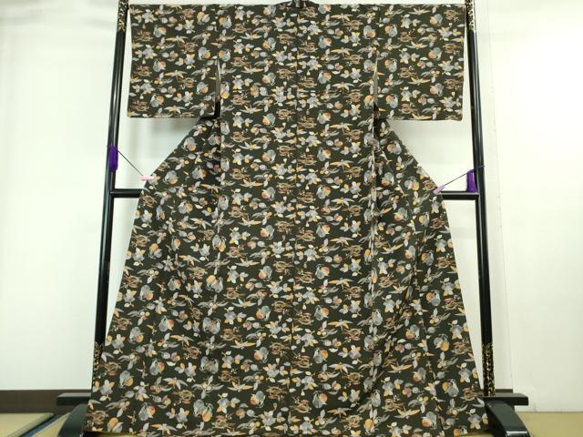 平和屋着物■極上　工芸小紋　型染　成り物　どんぐり　柿　椿　藍鉄色地　反端付き　逸品　DZAA6912kh5