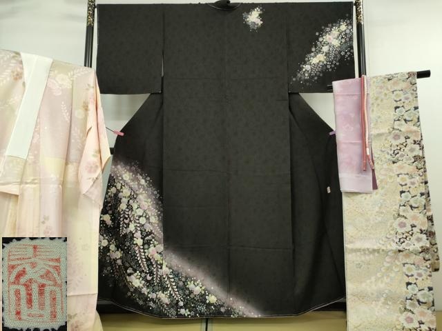 平和屋□極上 振袖・長襦袢・袋帯・帯締め・帯揚げセット 駒刺繍 舞蝶花文