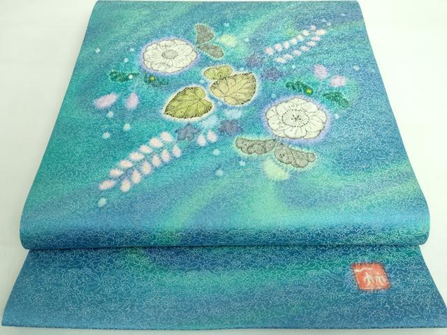 平和屋着物○両面 太鼓柄袋帯 紬地 葡萄花唐草文 金彩 正絹