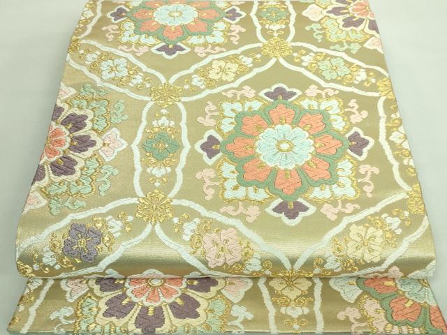 西陣名門·河合美術織物 正絹(一部金糸)六通柄 唐織 花唐草 袋帯 美品 西陣名門 服部織物 桜唐花 正絹 袋帯 西陣織 金糸 オレンジ 黄緑