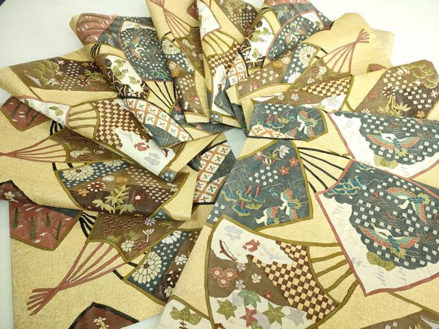 平和屋本店■極上　明綴れ　全通柄袋帯　扇面飛鶴花文　金糸　逸品　DZAA7038kh5