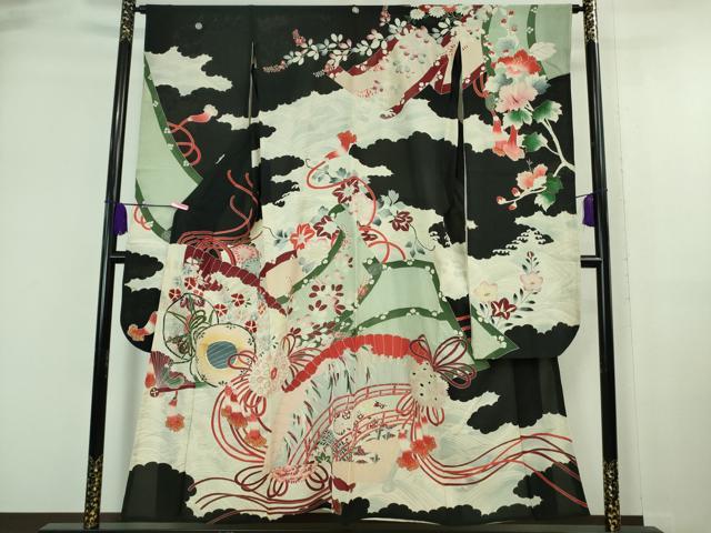 平和屋本店■希少　夏物　アンティーク　大正ロマン　振袖　絽縮緬　檜扇立波花文　黒地　銀彩　逸品　DZAA7074kh5