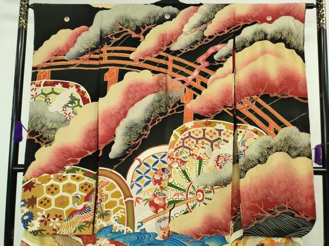 平和屋着物○アンティーク 大正ロマン 振袖 駒刺繍 地紙重ね御所車松文