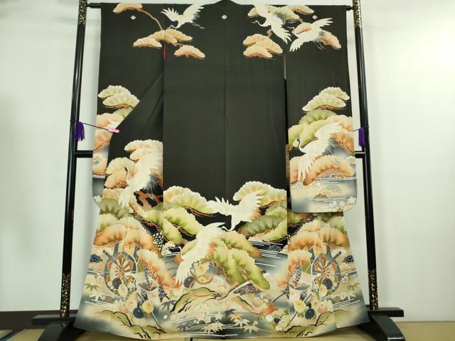 平和屋着物■極上　アンティーク　大正ロマン　振袖　刺繍　飛鶴松文　暈し染め　黒地　逸品　DZAA7080kh5